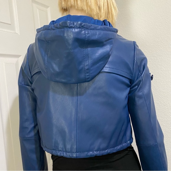 BCBGMaxAzria Blue Cropped Hooded 100% Leather Jacket Size XS - Picture 6 of 16